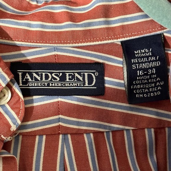 Lands’ End Men’s Size 16-34 red stripe starched button down cotton shirt FLAW - Picture 6 of 9